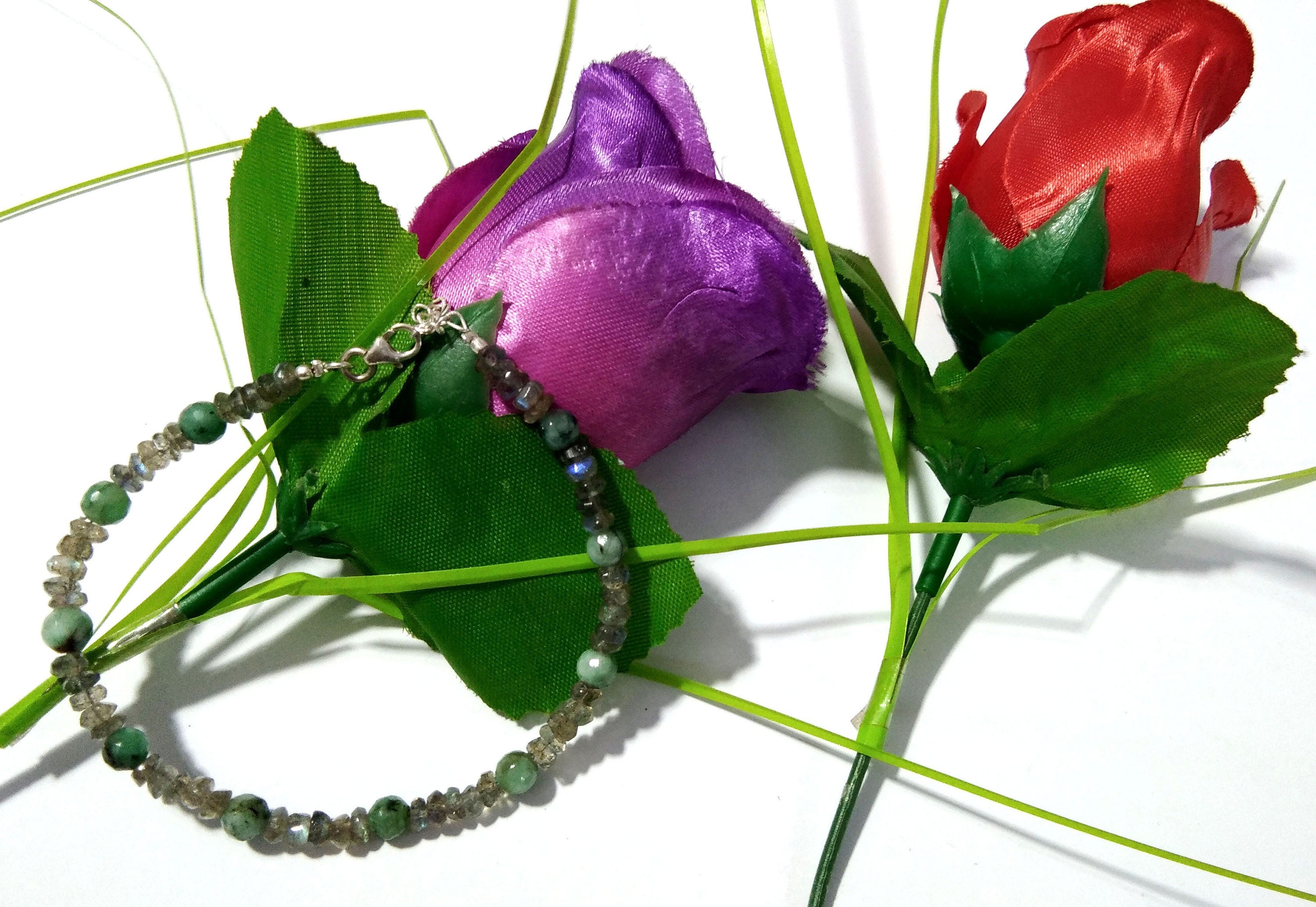 Natural Labradorite & Emerald Gemstone Bracelets With 925 Sterling Silver, Gemstone Beaded Adjustable Bracelets Gift for Girls/Women